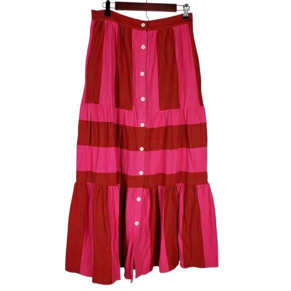 MDS Stripes Knit Tiered Button Front Maxi Skirt Size 2/M Pink Red Cotton Pockets - Picture 1 of 14